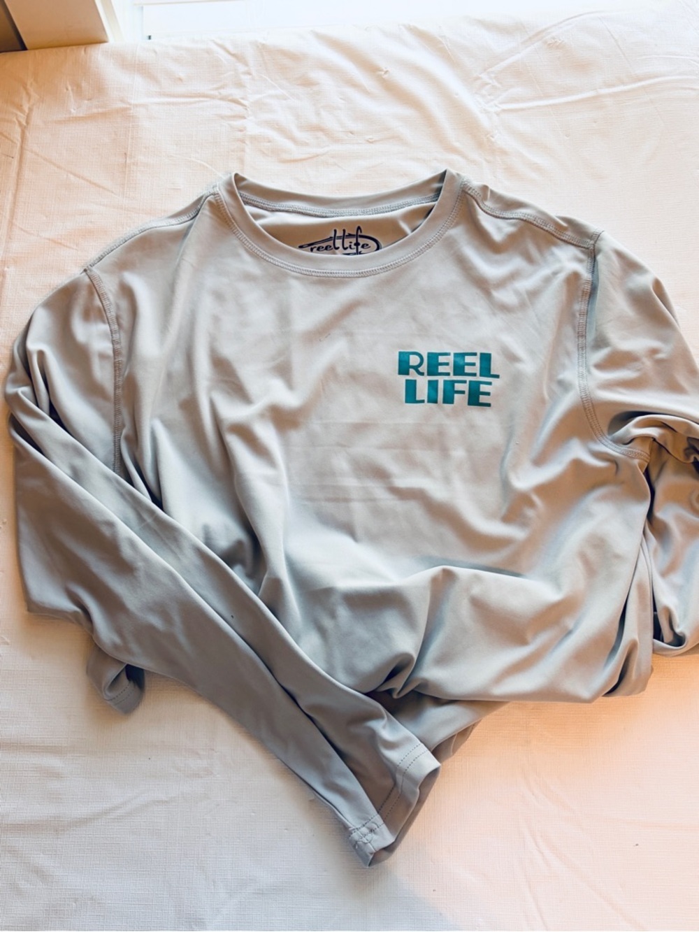 Reel Life Men's Long Sleeve Tee - Light Gray with Teal Logo